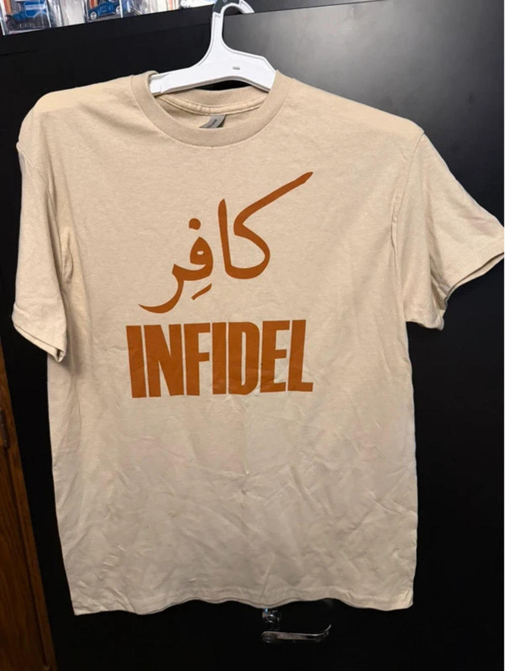 Gildan Infidel Arabic Script Graphic T-Shirt Tan Military Style